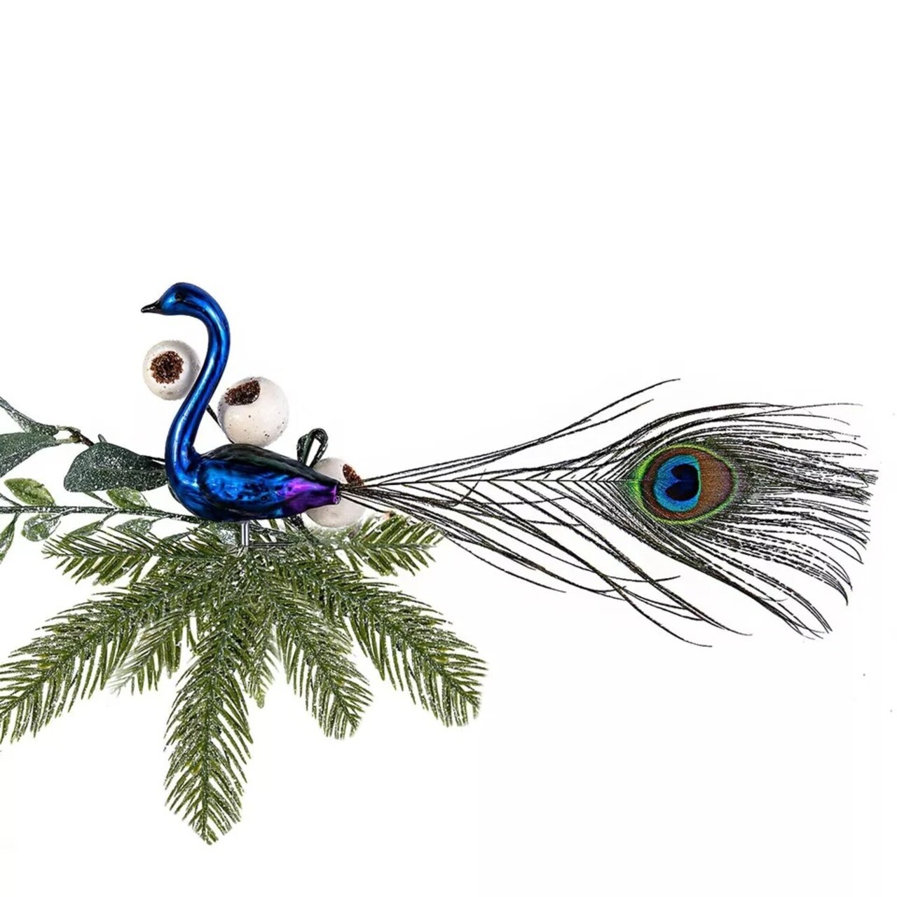 Peacock with Feathers Glass Christmas Clip Ornament Large Bird Ornament, Blue